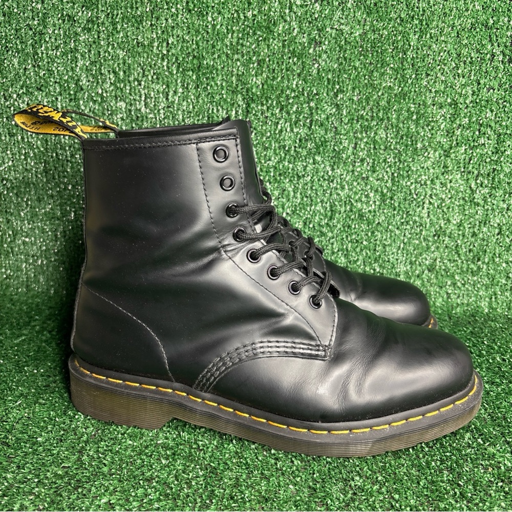 Dr. Martens Black Leather 8-Eye Lace-Up Boots with Yellow Stitching